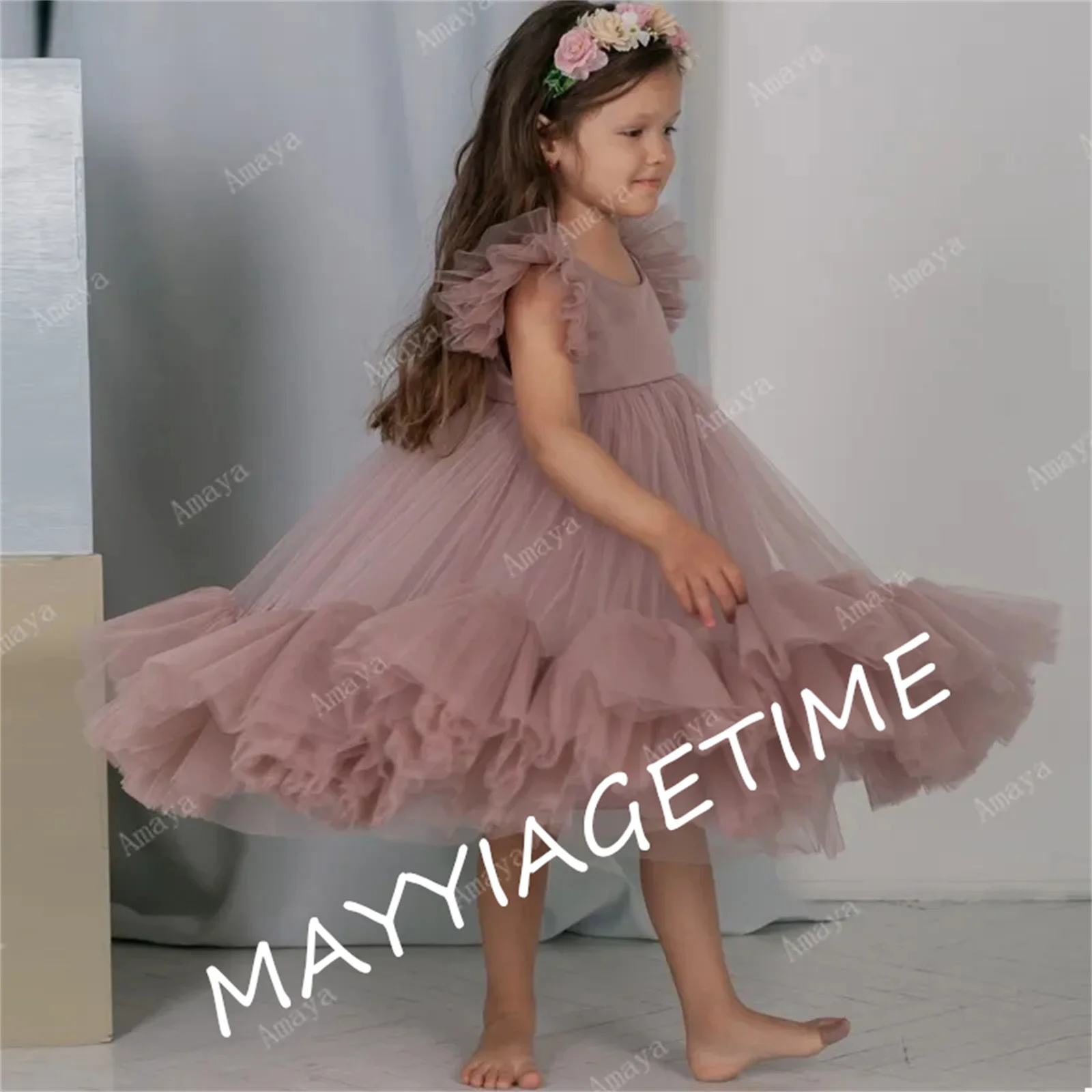 

Tiered Tulle Puffy Flower Girl Dresses Sleeveless Tea Length Ruffles Holy Communion Birthday Pageant Prom Ball Gown