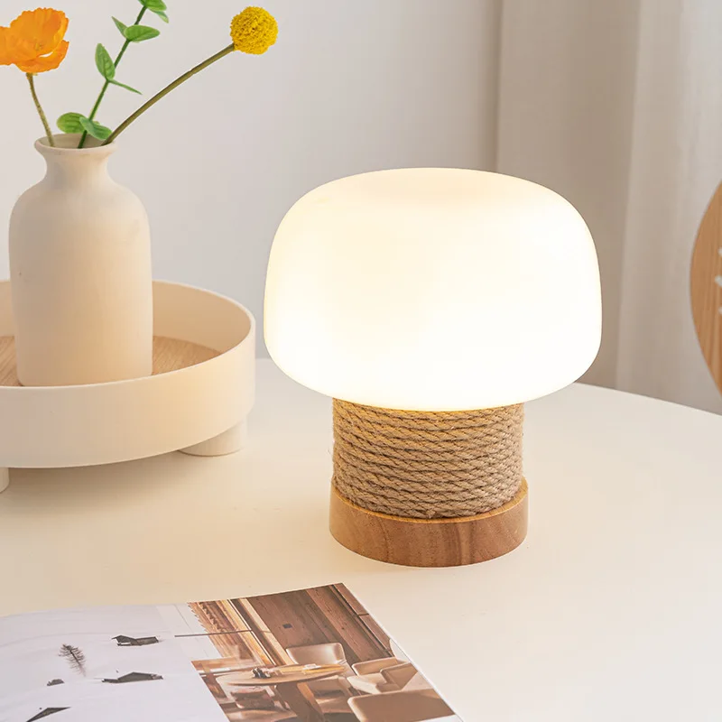 

Japanese Cream Mushroom Table Lamp Natural Wood Bedside Desk Light Bedroom Bedside Decoration Internet Famous Atmosphere LED