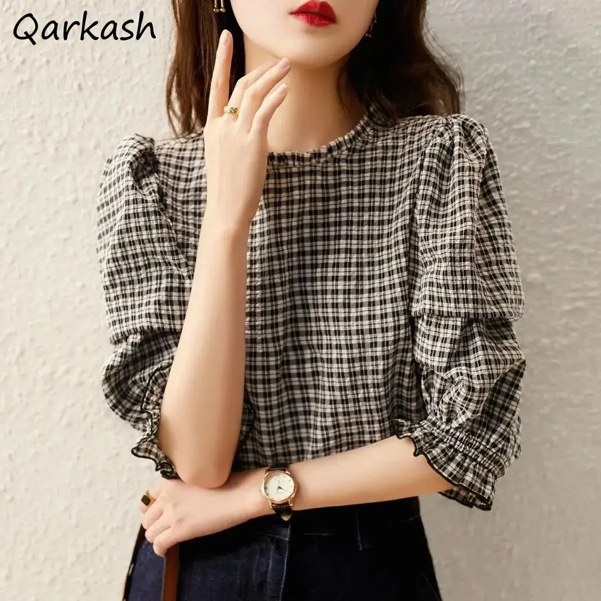 

Blouses Women O-neck Aesthetic Vintage Half Sleeve Summer All-match Plaid Feminino Clothes Casual Hot Sale Daily Simple Harajuku