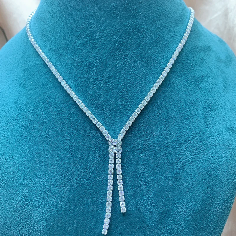 

17.6 Carat Moissanite Tennis Chain S925 Sterling Silver Necklace Tassel Women Fine Jewelry Pass Diamond Tester Drop Shipping