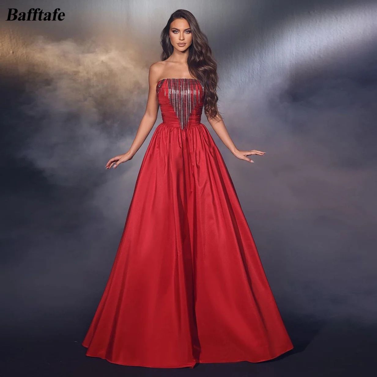 

Bafftafe Red Satin Mermaid Woman Evening Dresses Strapless Tassel Formal Party Dress Pleated Special Occasion Formal Prom Gowns