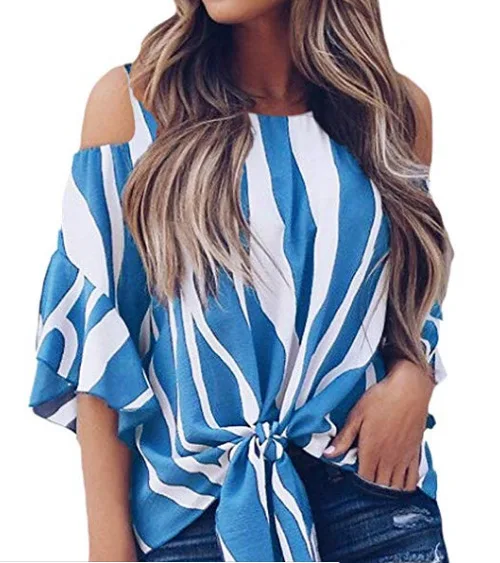 

Summer Shirts 2022 Woman Striped Pirnted O-Neck Half Sleeve Blouse Female Fashion Loose Streetwear Sexy Ladies Blue Tops Femme