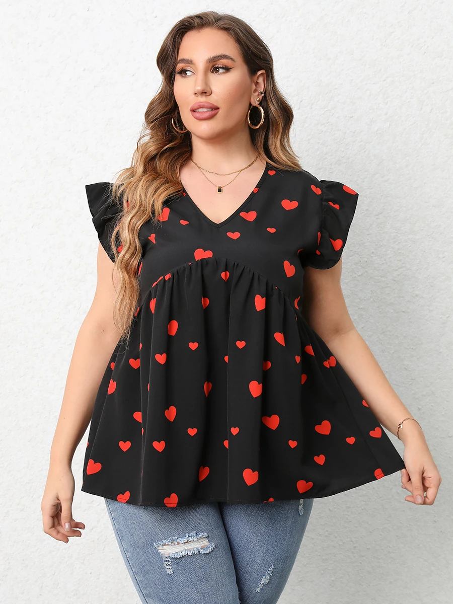 Finjani Red Heart Print Blouse 2023 New V-Neck Ruffle Trim Blouses Summer Casual Tee Loose And Breathable Plus Size Women's Tops