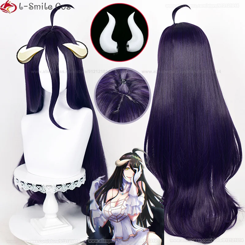 100cm Albedo Cosplay Wig  Anime  Cosplay Albedo Wigs Deep Purple Black Wig Horns Heat Resistant Synthetic Wigs + Wig Cap