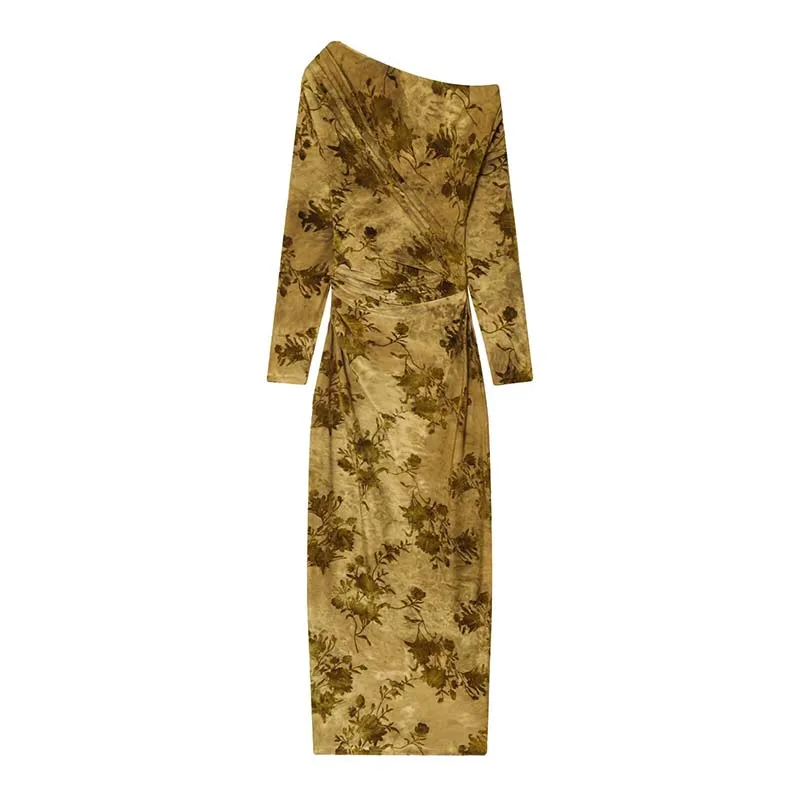 Chic Elegant Long Dresses Ruched Slim Fashion Midi Dress Women 2025 New Party Dresses For Women Print Long Sleeve Dress ﻿