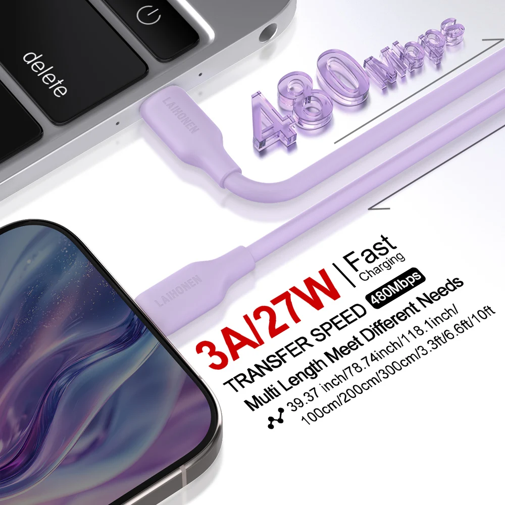 Vibrant Pink Silicone USB-C to Lightning Cable with 27W PD Fast Charging