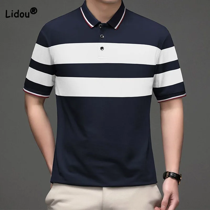 

Business Office Casual Men's Striped Spliced Polo Shirt Summer Male Clothes Fashion Simplicity Handsome Short Sleeve T-shirt