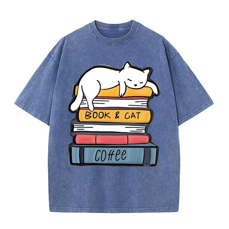 

Футболка мужская с изображением белого кота, спящего на ворсе книг, хлопковая футболка с коротким рукавом, повседневные женские топы, винтажная графическая футболка, одежда