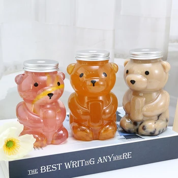 Disposable Drink Bottles Juice Bear Plastic Cup Cute Bear Juice Drink Milk Tea Beverage Storage Bottles With Lid Sealed Bottle 1