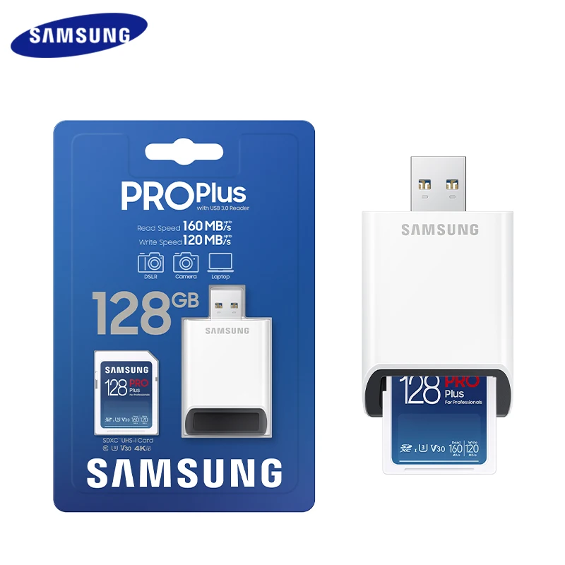 Nuovo Samsung Pro Plus Sd Card128Gb 256Gb Scheda Sd Ad Alta Velocità Con Lettore Di Schede Usb 3.0 Class10 Sdxc U3 V30 Per Fotocamera 100% Originale