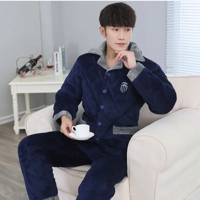 

2024 New Pajamas Men's Winter Thick Three-layer Flannel Cotton Jacket Plus Size Sleepwear Set Stand Collar Loose Plush Homewear