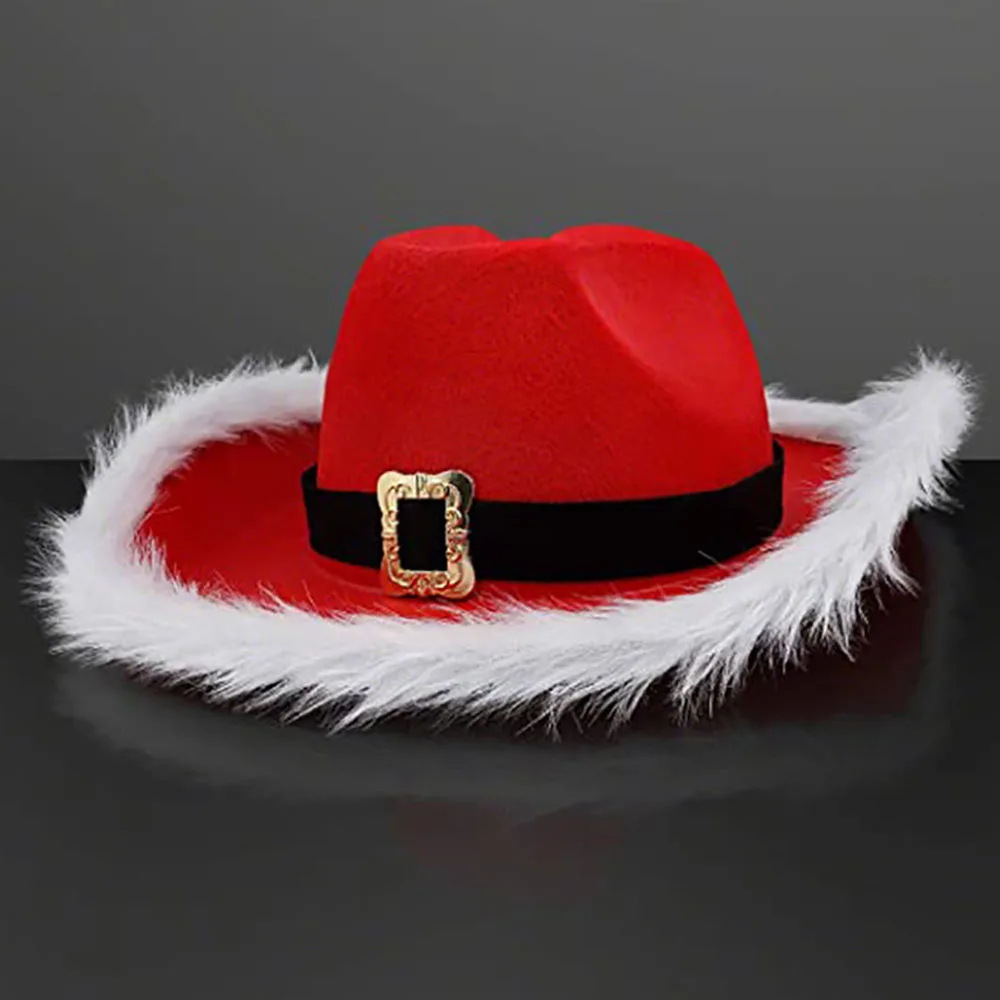 

Women Men Cowgirl Hat Red Western Cowboy Santa Hat Fluffy Feather Brim Western Carnival Theme Hat For Christmas Party Photo Prop