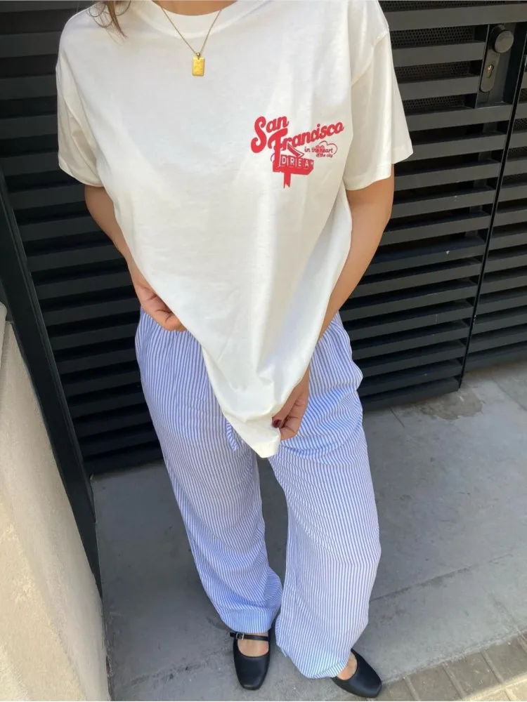 Drawstring Loose Casual Female Summer Long Trouser Cotton Stripe High Waist Fashion Vacation Beach Women Wide Leg Pant 2024 New