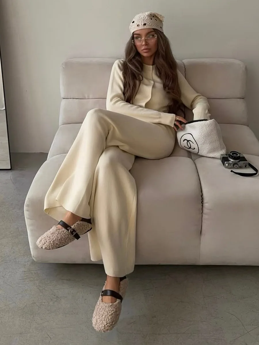 Bornladies Women's New Autumn Winter Knit  Cardigan Pants Set Slim Fit Long Sleeve Long Trousers Simple Solid Color Sweater Suit