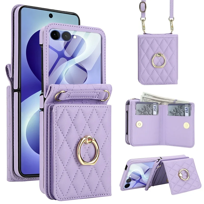 Lanyard Leather Wallet Phone Case with Ring and Card Holder