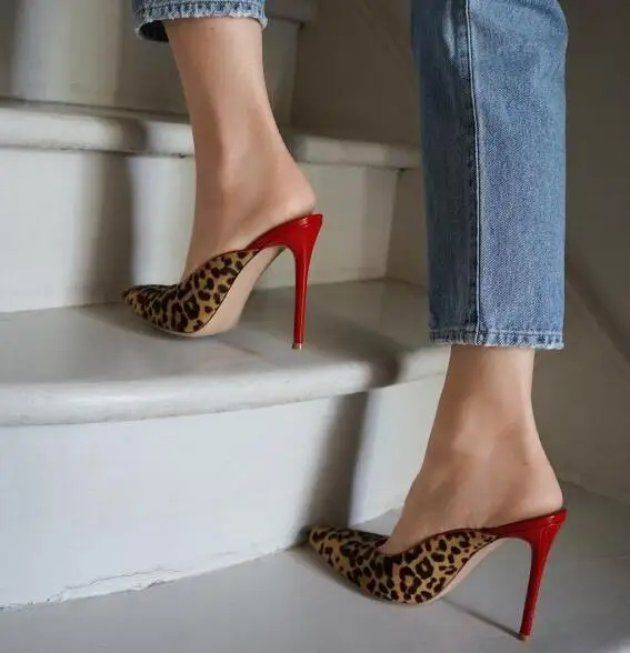 

High Heel Slippers for Woman Summer Pointed Toe Leopard Printed Thin Heels Shoes Sexy Outside Slides