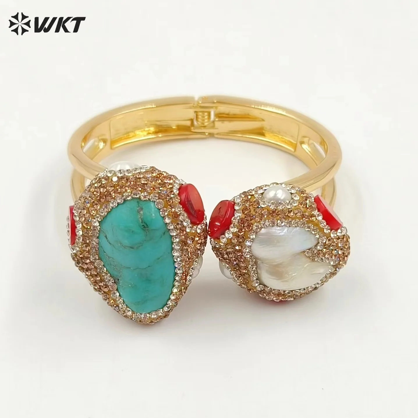 

MPB107 Wholesales Turquoise And Pearl Fashion Women Bangle Gold Electroplated Adjustable Accessories High End Retro Jewelry