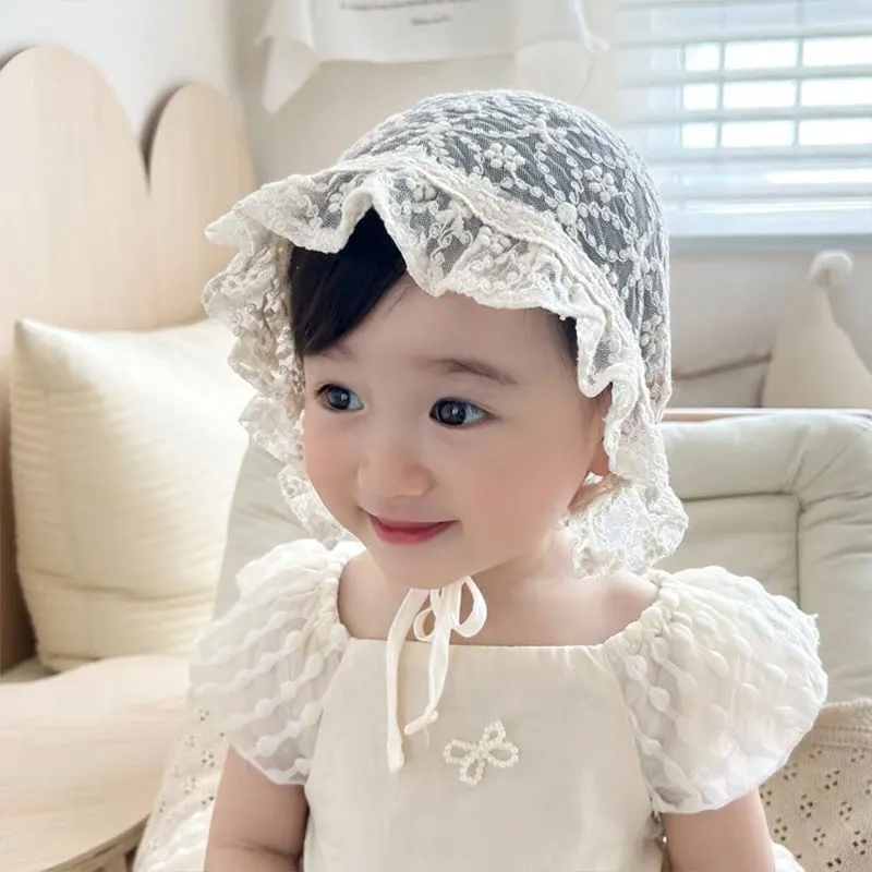 Baby Girl Toddlers Breathable Lacy Bonnet Eyelet Cotton Adjustable Sun Protection Hat Cute Casual Headband Hair Accessories