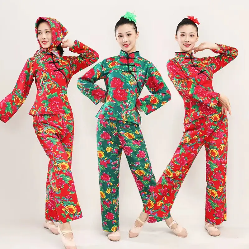 China Northeast Printed Village Girl Errenzhuan Performance Dress Funny Square Dance Yangge Costume Ethnic Top Pants Suit