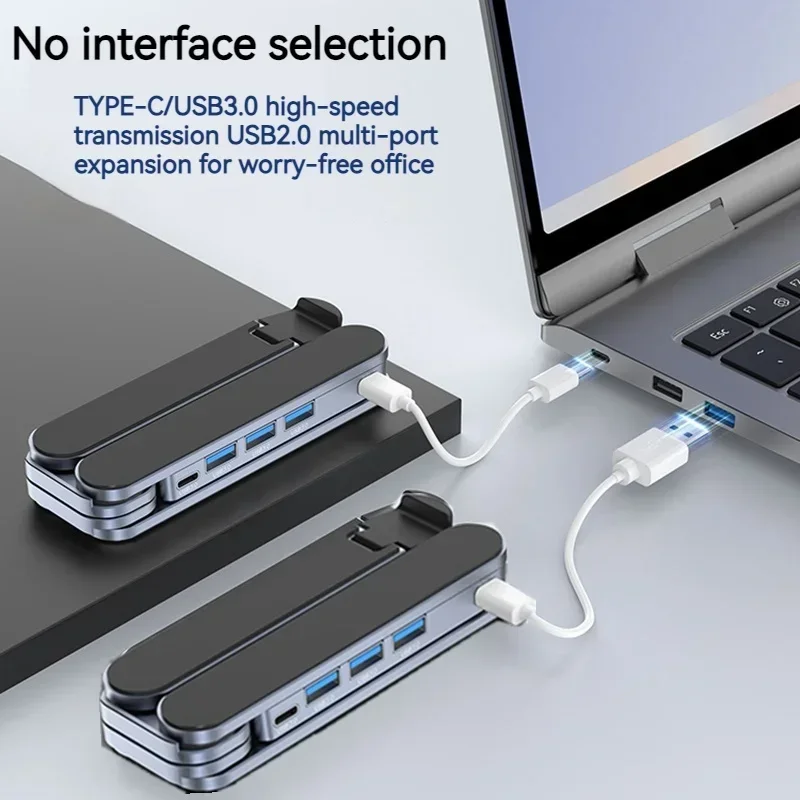 노트북 스탠드 및 USB C 도킹 스테이션, 접이식 2 in 1 멀티 포트 USB C 허브, 10-17인치 조절 가능한 노트북 태블릿 홀더