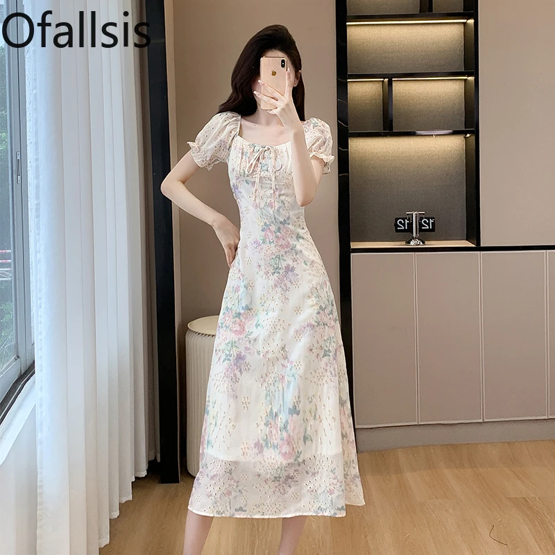 

Женское платье с цветочной вышивкой Ofallsis, длинное платье во французском стиле с коротким рукавом и квадратным вырезом, лето 2024