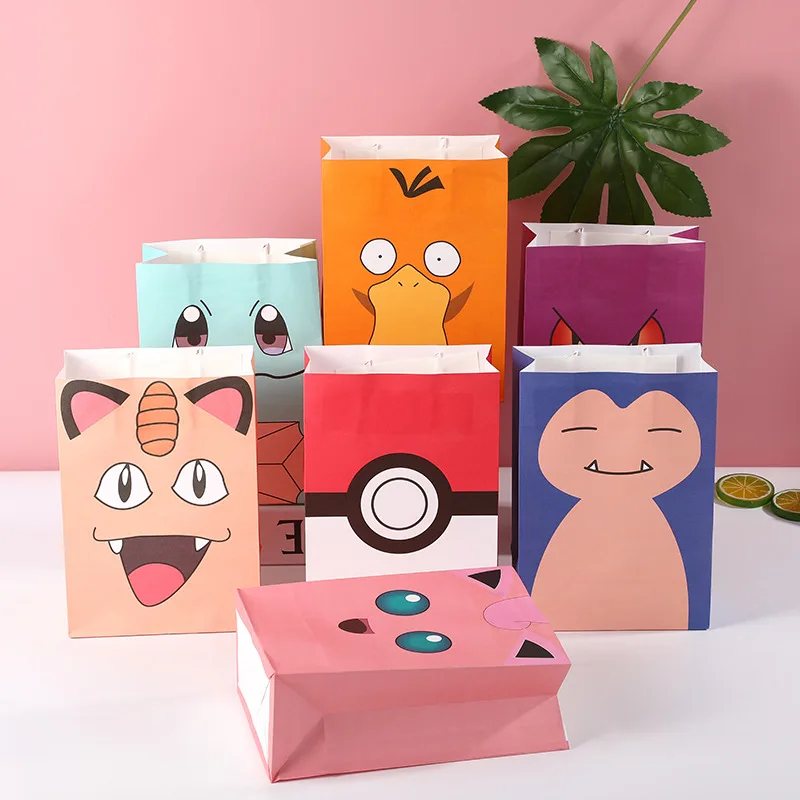 

Pokemon Anime Kraft Paper Bags Pikachu Candy Dessert Gift Bags Charmander Squirtle Flat Bottom Paper Bags Children's Toys