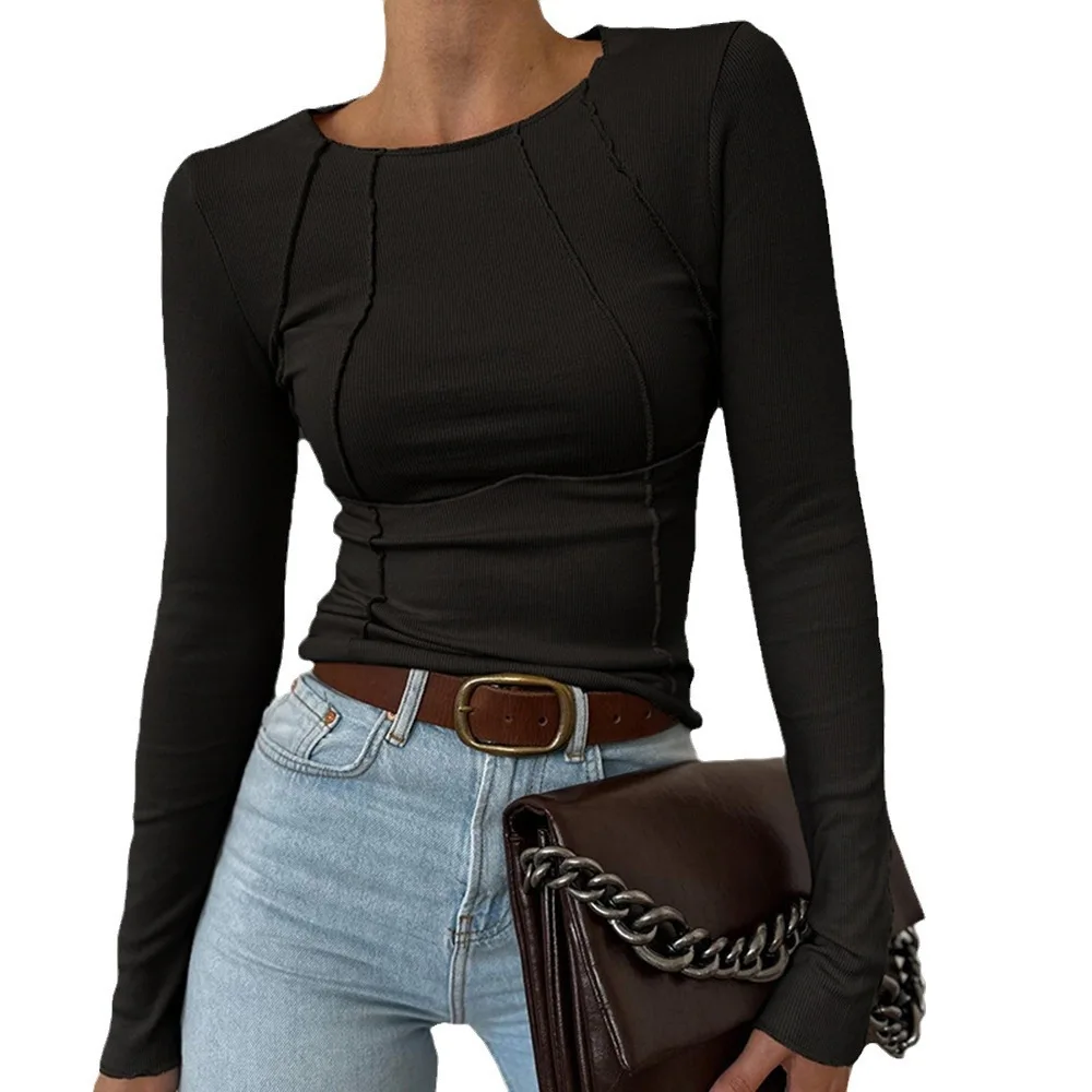 Women's Long Sve round Ne T-irt Spring Autumn Top Thi Knitted Me Fabric Summer Faion Ladies' Tee