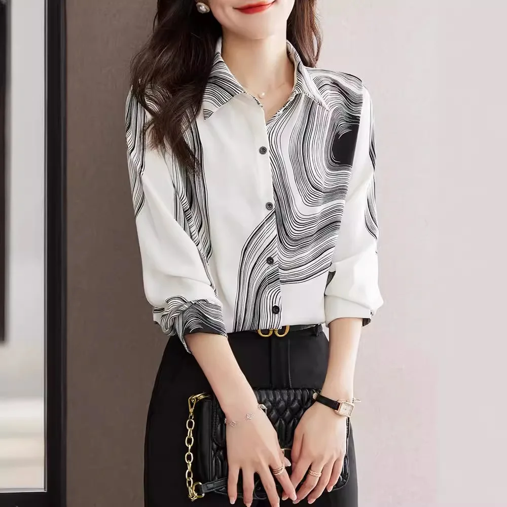 Women's Spring 2025 Stylish Printed Chiffon Blouse with Long Sleeves