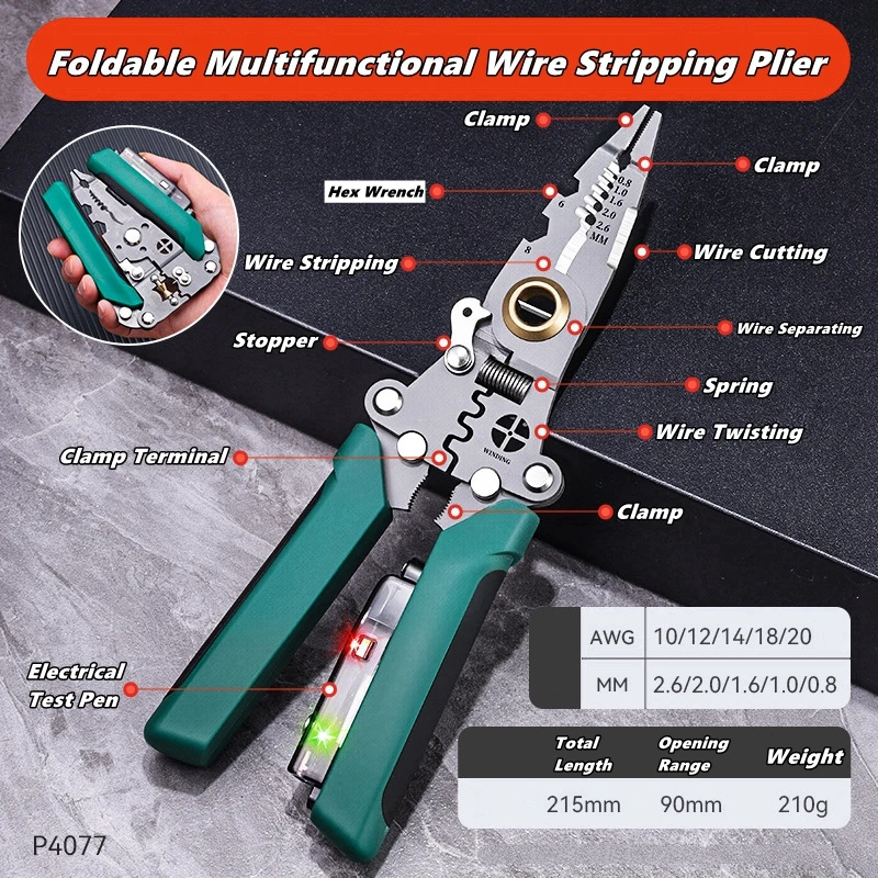 Foldable Wire Stripper Electrical Test Pen Cable Cutter Crimper Multi-Tool