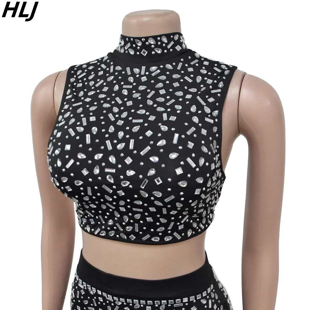 HLJ Fashion Luxury Rhinestones Backless Hollow Two Piece Sets Women Round Neck Sleeveless Crop Top And Skirts Party Club Outfits