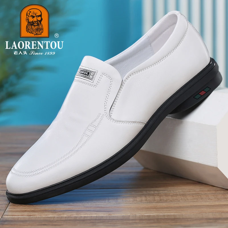 LAORENTOU genuine leather casual leather shoes for men's cowhide breathable soft soles, youth trend leather shoes white/blue 2