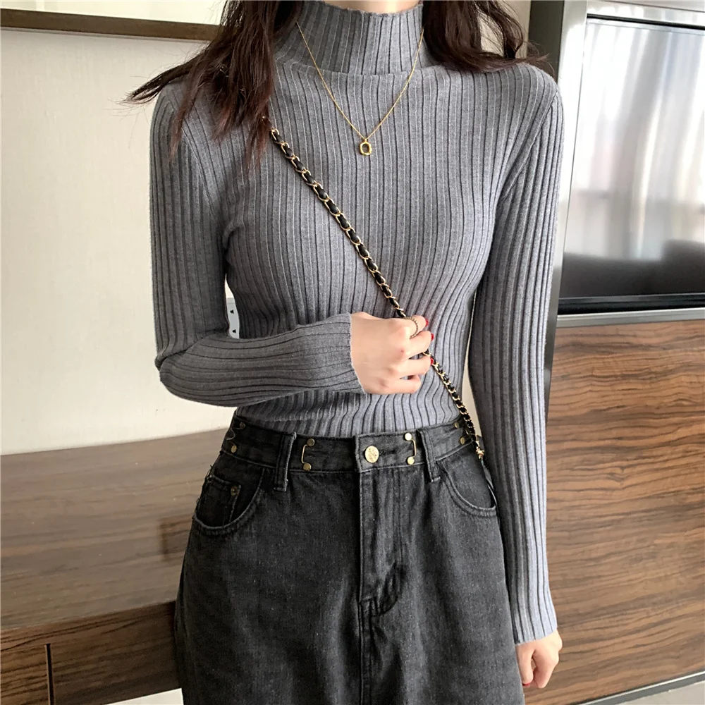 LEGIBLE 2021 Autumn Winter Sweater Women Knitted Pullover Sweater Female Mock Neck Slim Soft Warm Sweaters Femme white sweater Sweaters