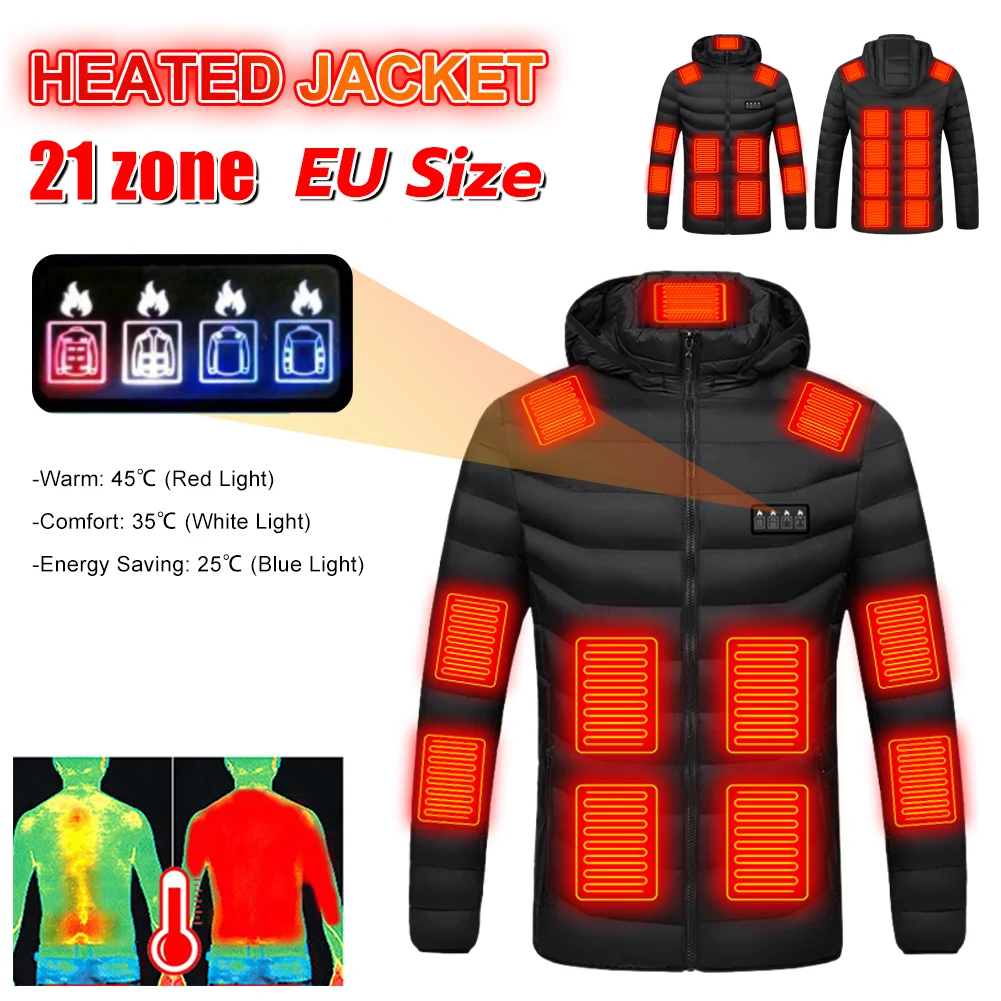 

EU Size 21 Areas Heated Jacket for Men Women Winter Outdoor Adjustable Heating Coat USB Powered Thermal Coat for Skiing Camping