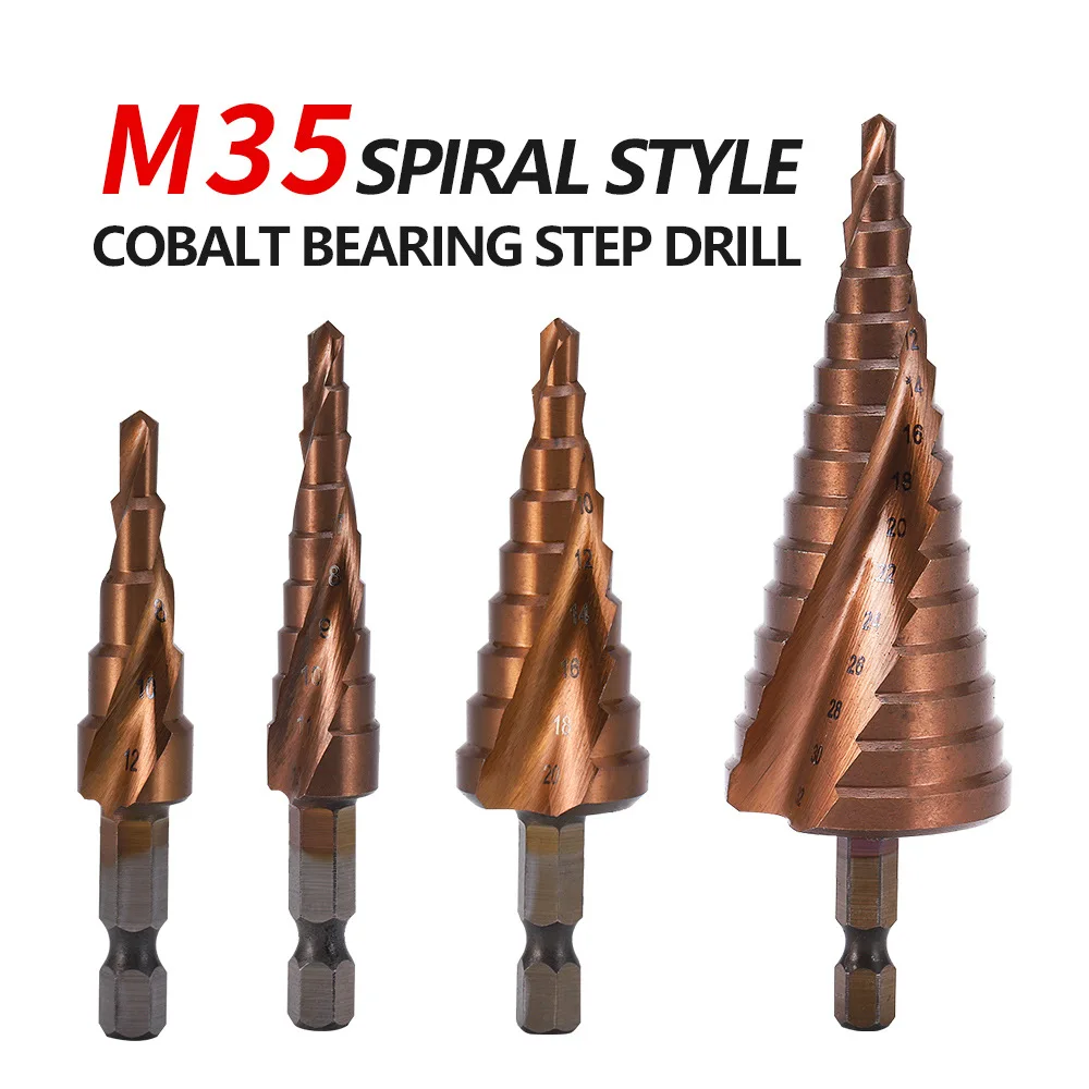 4Pcs/Set Step Drill Bit HSS High Speed Steel M35 5% Cobalt Spiral Hex Shank Metal Hole Cutter Hexagonal Step Drill Bit Tool