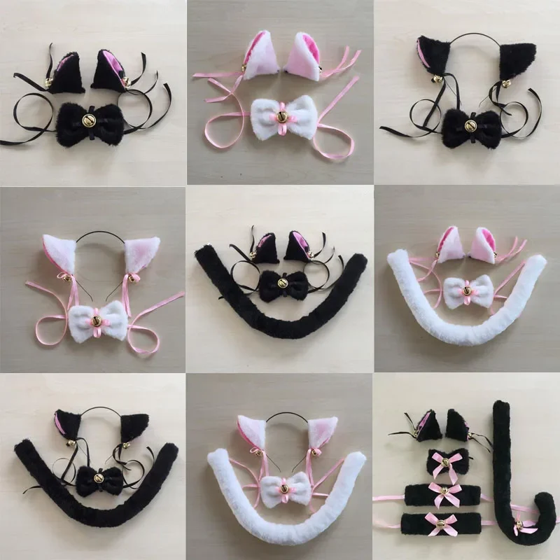 Women Lolita Girl Cat Fox Ear Headband Bow Neckwear Bell Tail Maid Housemaid Party Anime Cosplay Costume Halloween Christmas