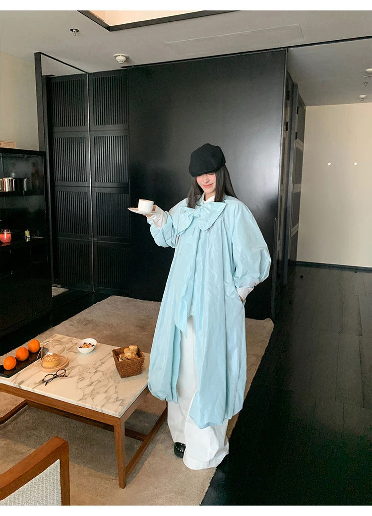 Lautaro Spring Autumn Long Cute Sweet Thin Blue Trench Coat for Women Bow Lantern Sleeve Loose Casual Chic Fashion Overcoat 2026