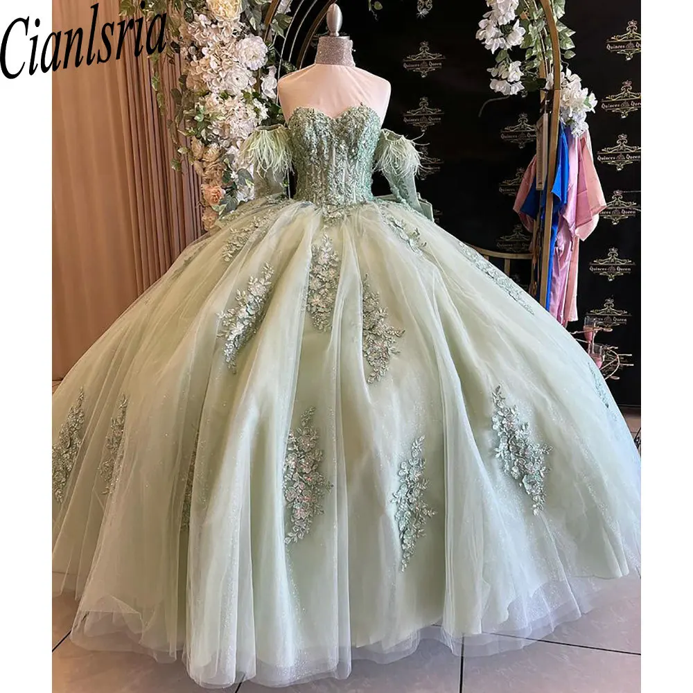 

Mint Green Off The Shoulder Feathers Quinceanera Dress Ball Gown Appliques Lace Bow Princess Sweet 15 16 Birthday Party Formal