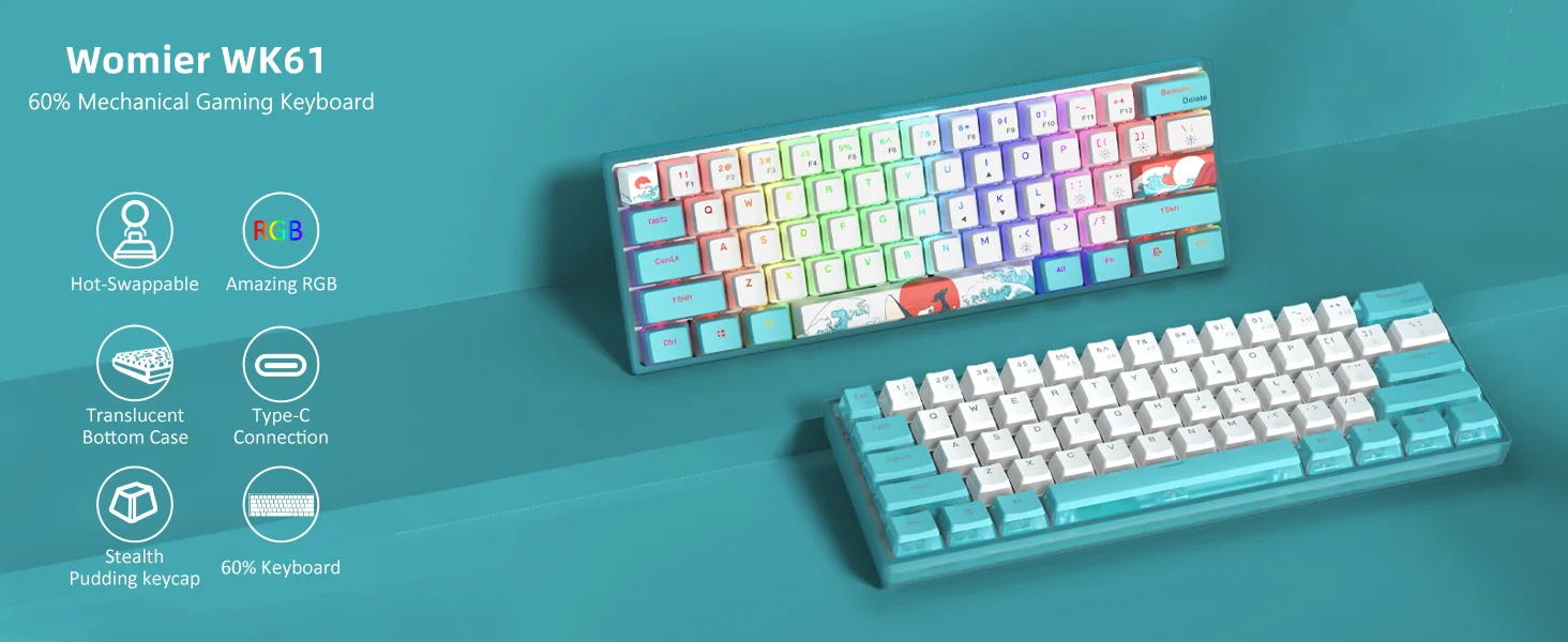WK61-Mechanical Teclado Gaming, WK61, RGB Wired, Hot-Swappable,