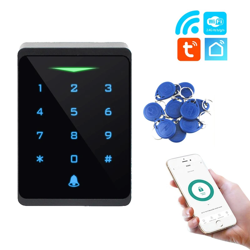 

2.4G Wifi Tuya & Smartlife App Backlit Access Control Keypad IP66 Waterproof Standalone RFID 125kHZ EM Card Reader Wiegand 26Bit