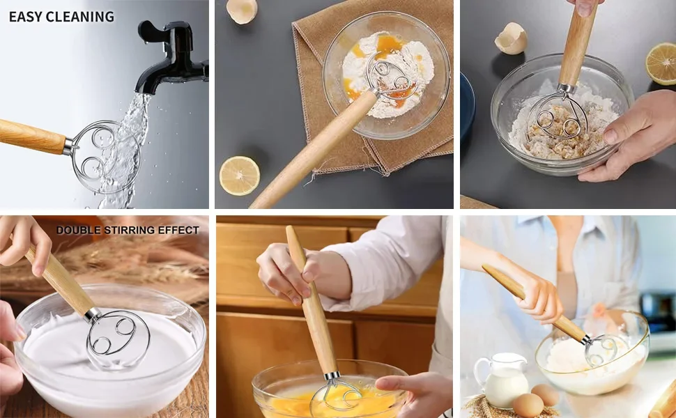 Description Picture 6 of itemDough Mixer Wooden Handle 430 Stainless Steel Bread Dough Whisk Bread Baking Bread Pastry & Pizza Dough Mixer Accessories Tools