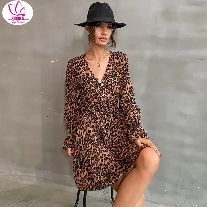 

SUSOLA Long Sleeve V-Neck Leopard Print Dress Vestido Feminino Dresses For Women 2023 Autumn Winter