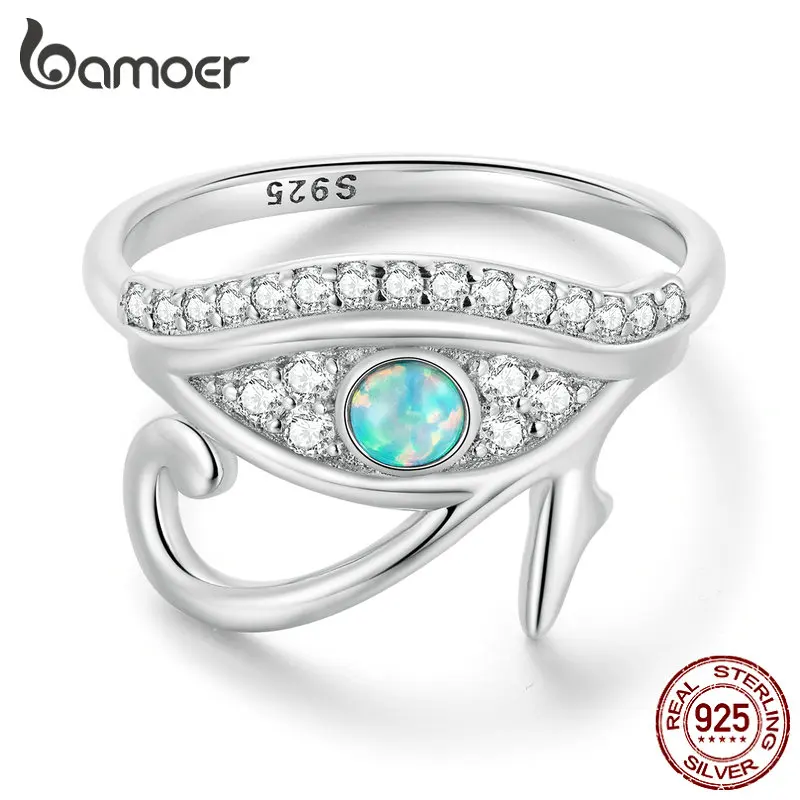 Bamoer 925 Sterling Silver Blue Opal Lucky Eye Of Horus Ring Pave Setting Cz Per Le Donne Regalo Di Compleanno Gioielleria Raffinata Bsr403