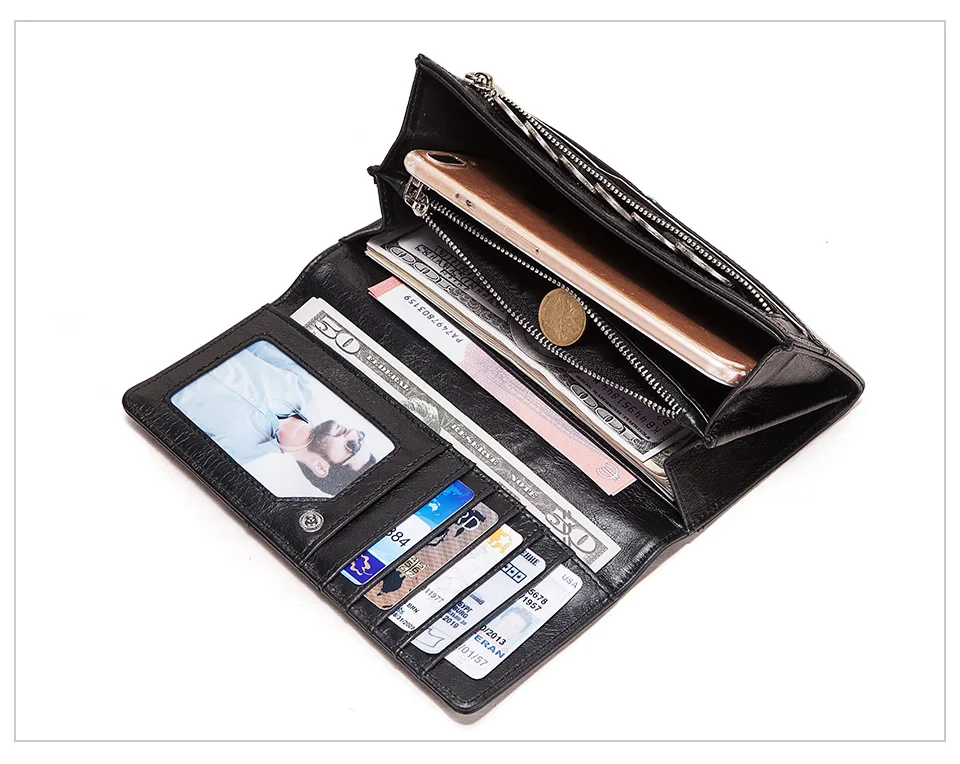 Modische lange Damen-Geldbörse aus echtem Leder, Clutch-Geldbörsen mit Handytasche, Mutifuctiona Damen-Handtaschen mit RFID-Kartenhalter – Detail 19