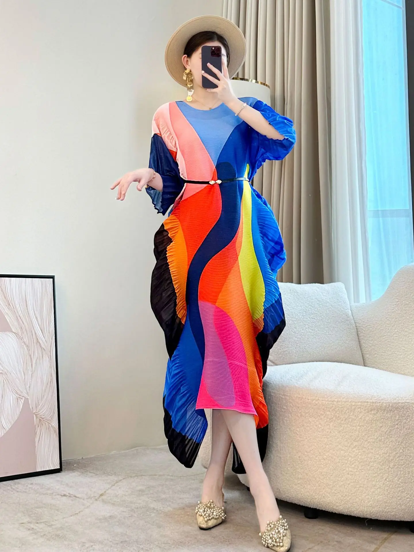 LANMREM Irregular Colorblock Spliced Design Women's Pleated Dress 2025 New Loose Causal Round Collar Half Sleeve Dresses 2DB2983 - Image 2
