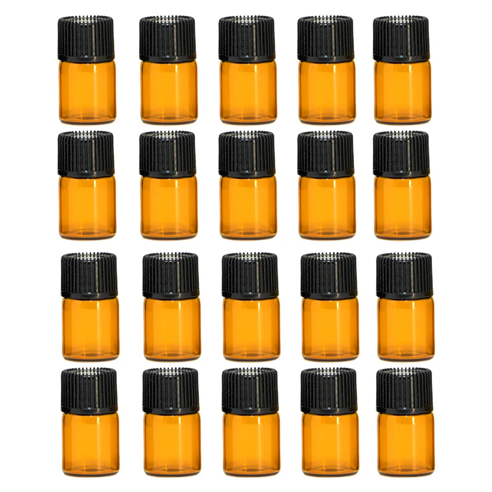 

20PCS Mini Portable Travel 2ML Brown Empty Refillable Glass Bottles Essential Oil Containers Bottles with Black Caps