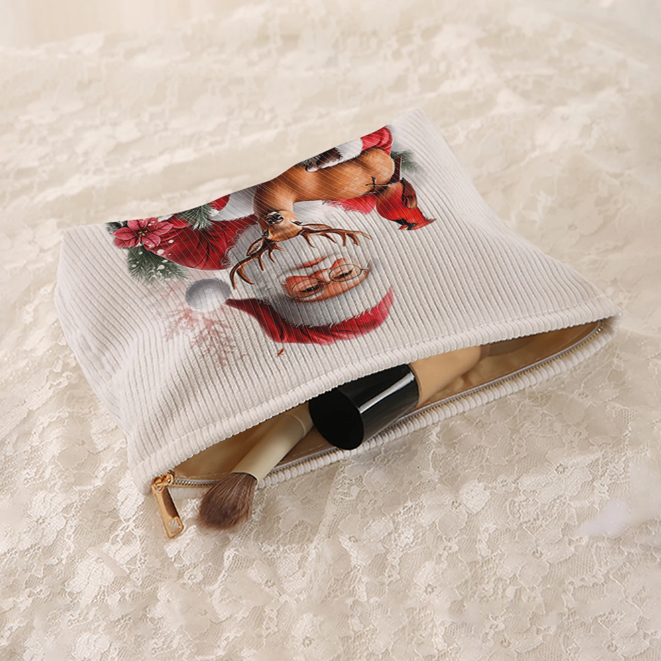 1 Christmas themed corduroy makeup bag, lightweight zipper makeup storage box, multifunctional bag with lining