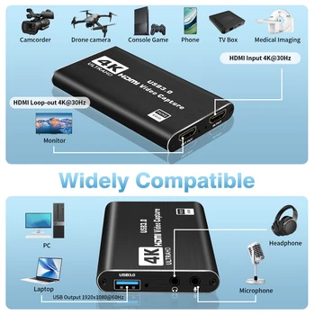 4K HDMI audio and video capture card with microphone and loop output 1080p 60fps suitable for gaming/live streaming/OBS/PS5/PC 4