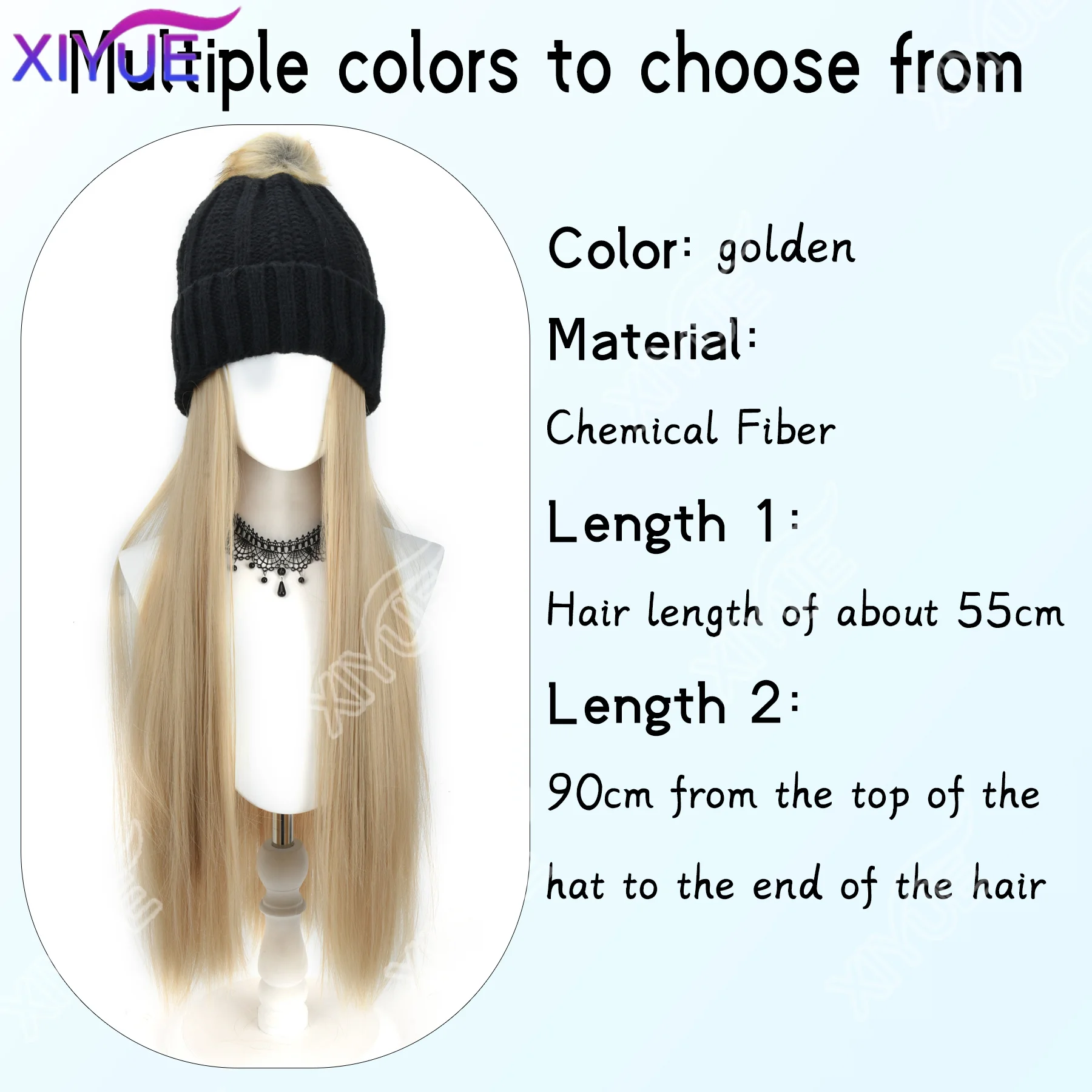 XIYUE Hat Wig Synthetic Hat Hair Extensions Wigs For Women Long Straight Hair Warm Plush Knitted Autumn Winter Cap
