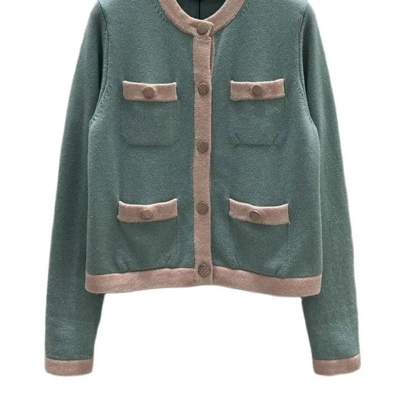 

Female Fashion Cashmere Knitted Swetaers Round Neck Single Breasted Slim Pullovers High Quality 2 Colors Long Sleeve Clothes New