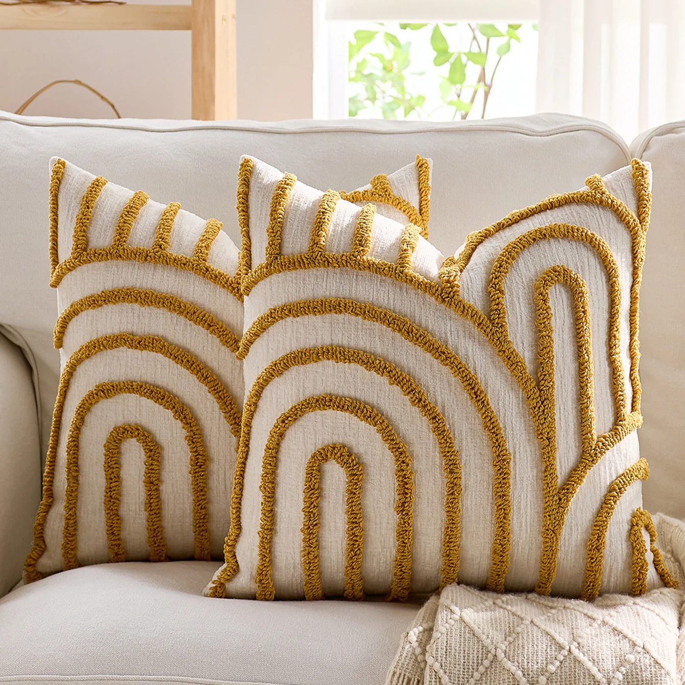 Yellow geometric embroidered pillow cover